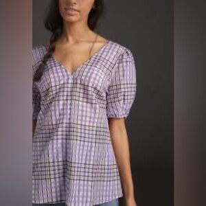 Anthropologie Purple Checkered Puff Sleeve Blouse